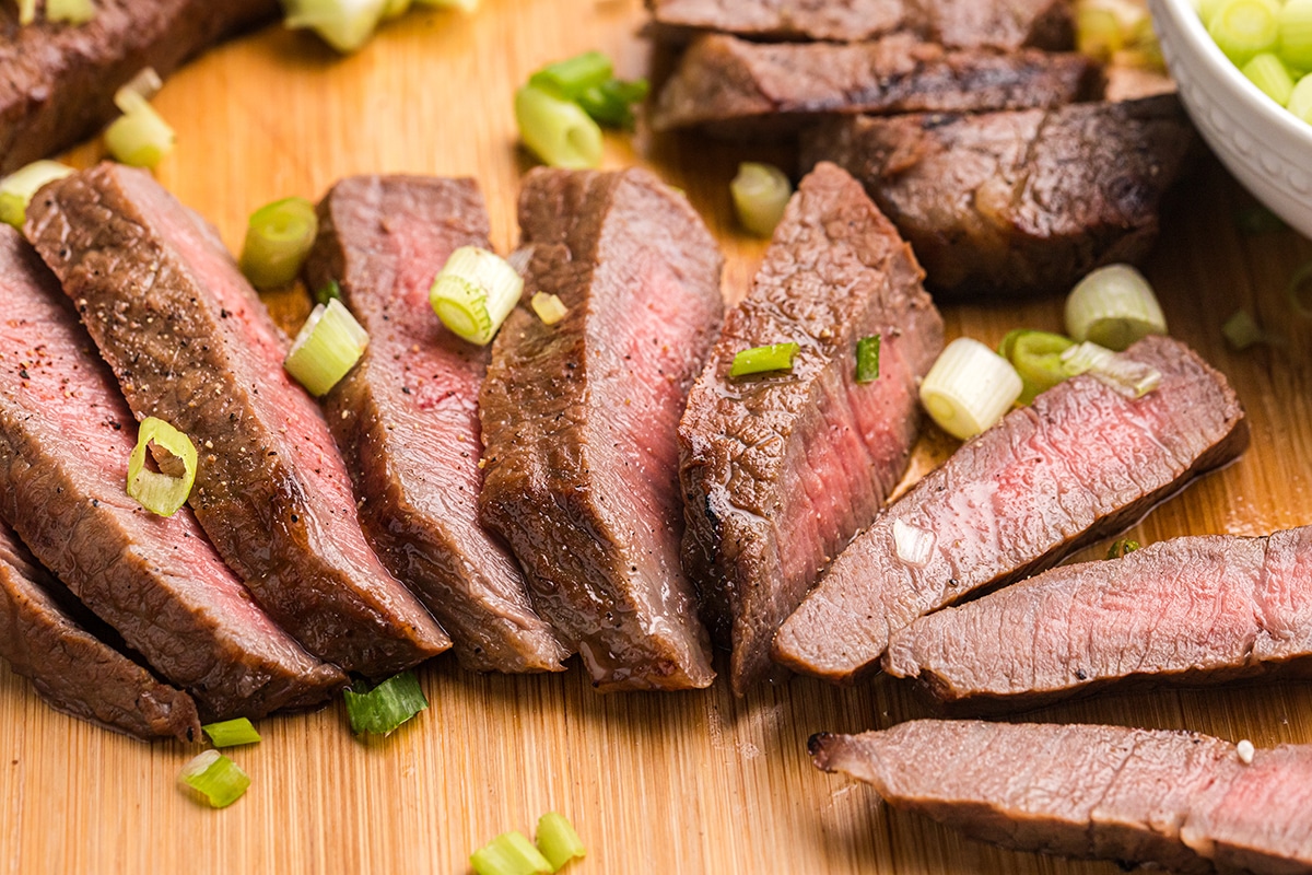 close up angled shot of sliced asian steak