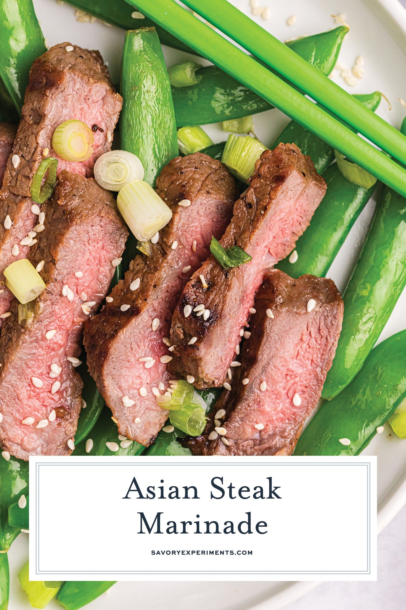 overhead shot of sliced asian steak with text overlay for pinterest