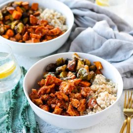 angled shot of two bbq tofu bowls