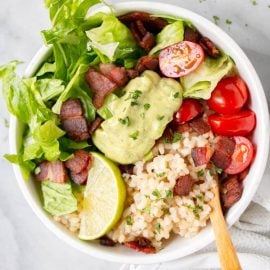 overhead shot of blt rice bowl