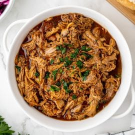 overhead shot of pulled pork in a bowl