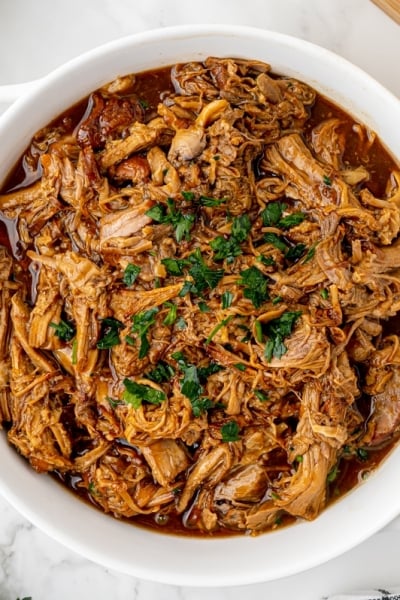 overhead shot of pulled pork in a bowl
