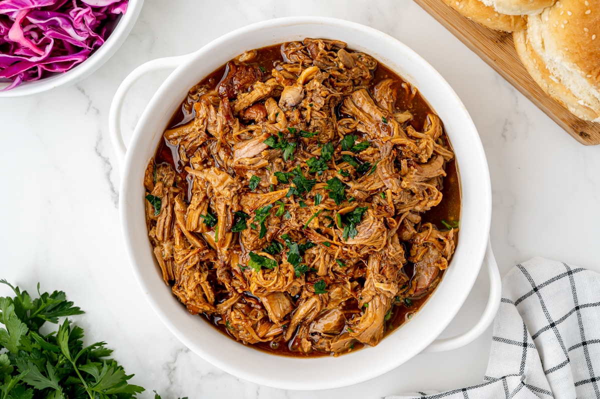 overhead shot of pulled pork in a bowl