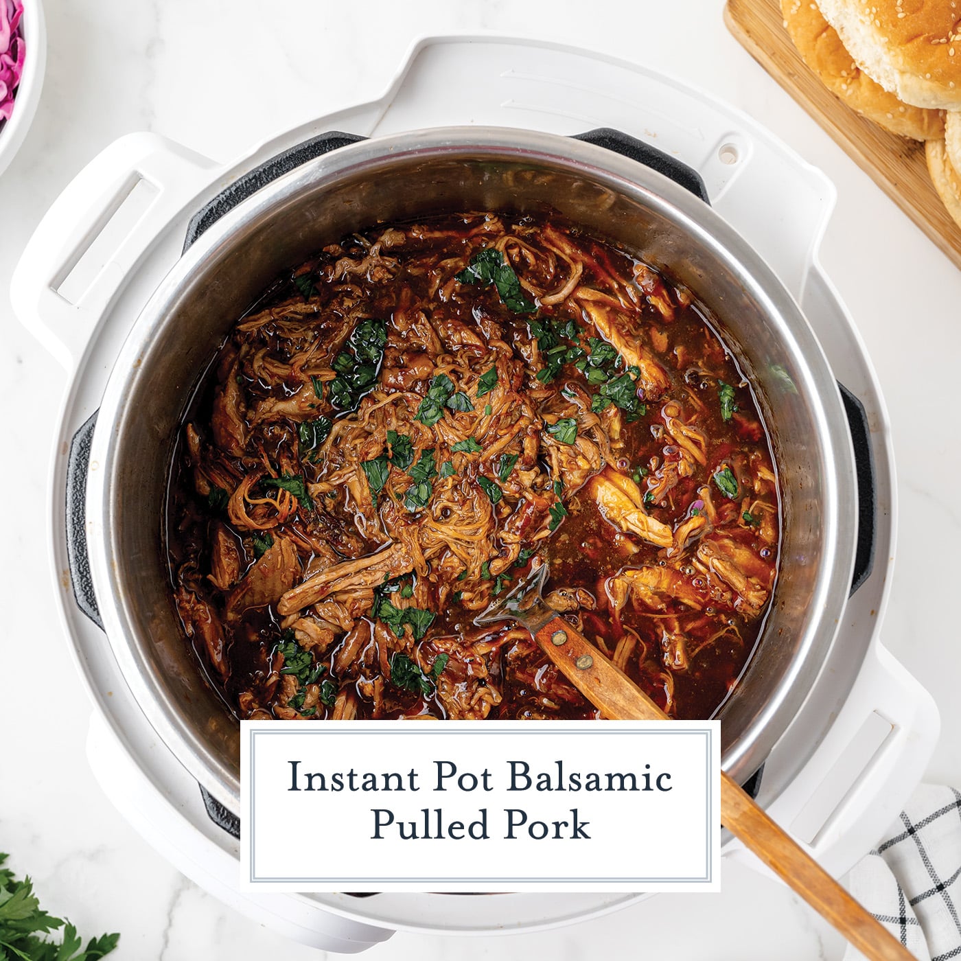 overhead shot of pulled pork in instant pot with text overlay for facebook