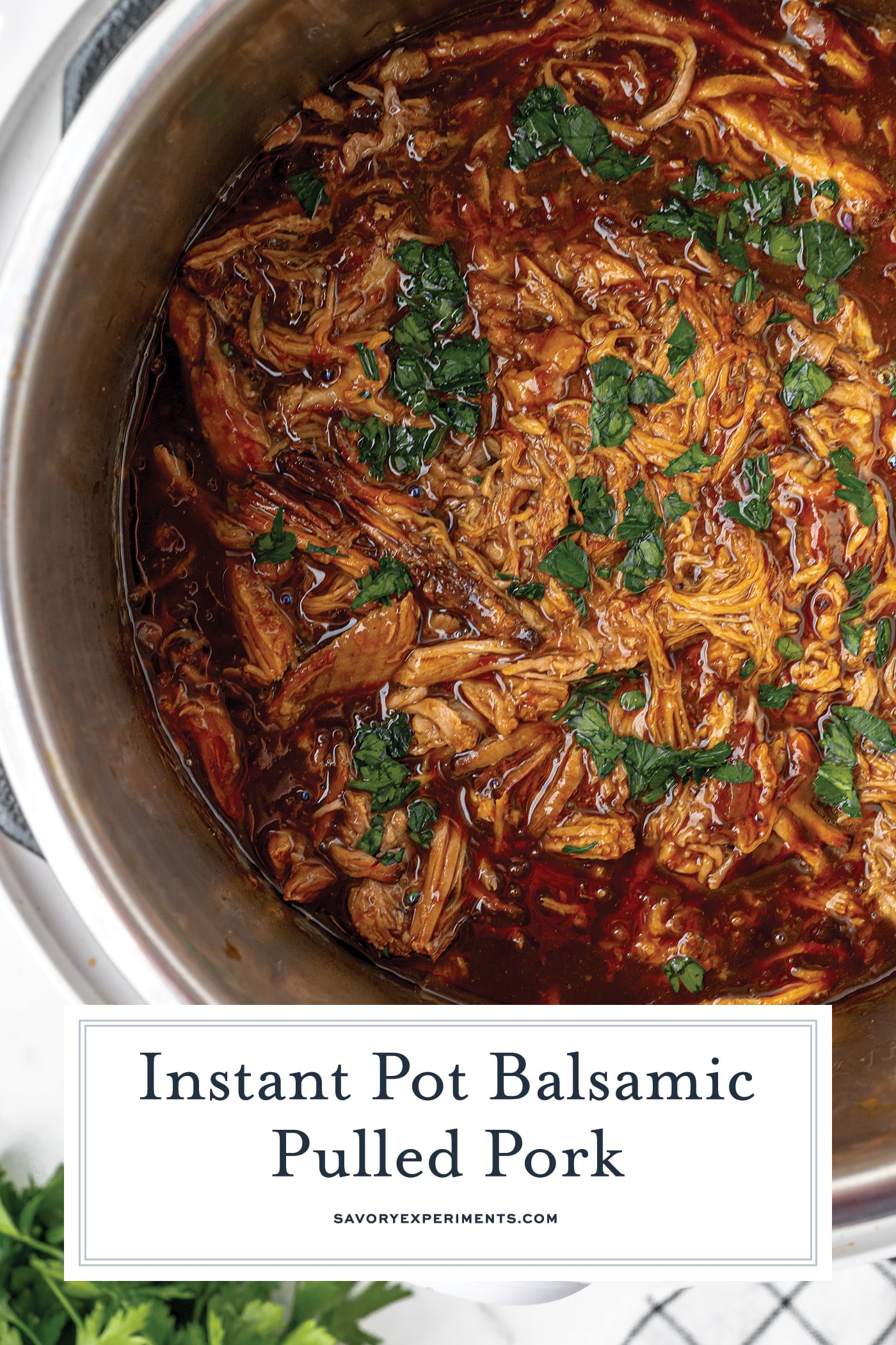 overhead shot of pulled pork in instant pot with text overlay for pinterest