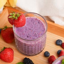 angled shot of berry smoothie on a tray