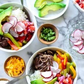 overhead shot of two short rib burrito bowls