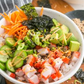 angled shot of sushi rice bowl