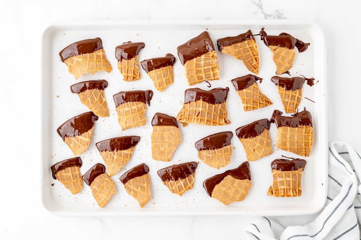 waffle cone pieces dipped in chocolate