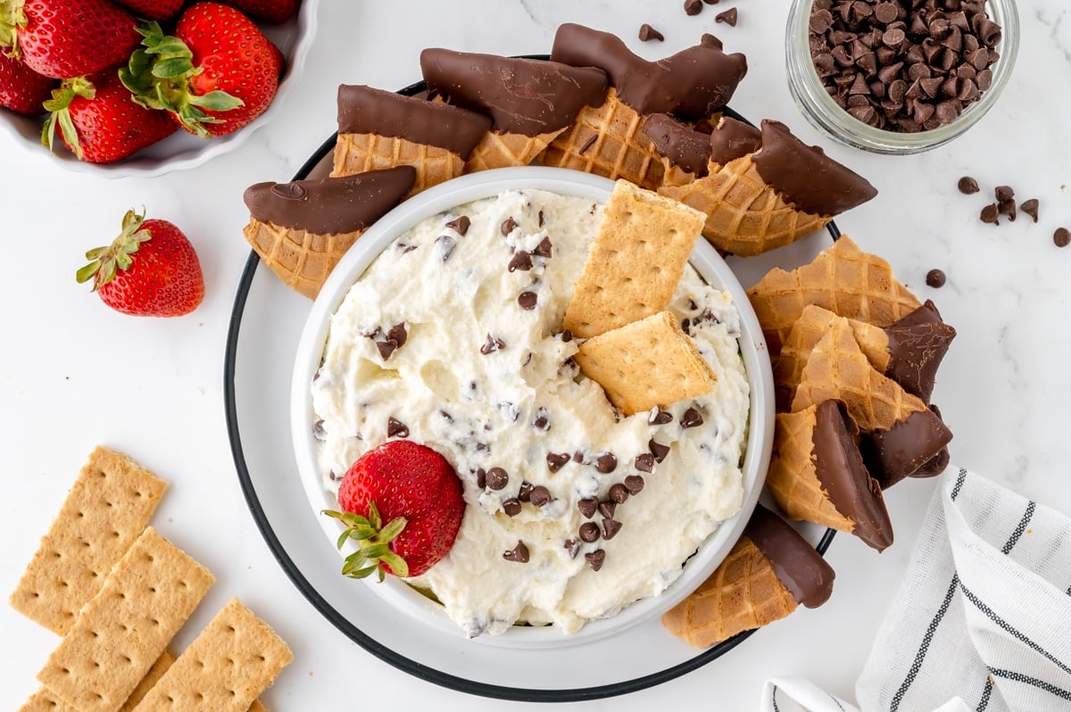 overhead shot of dippers in chocolate chip dip