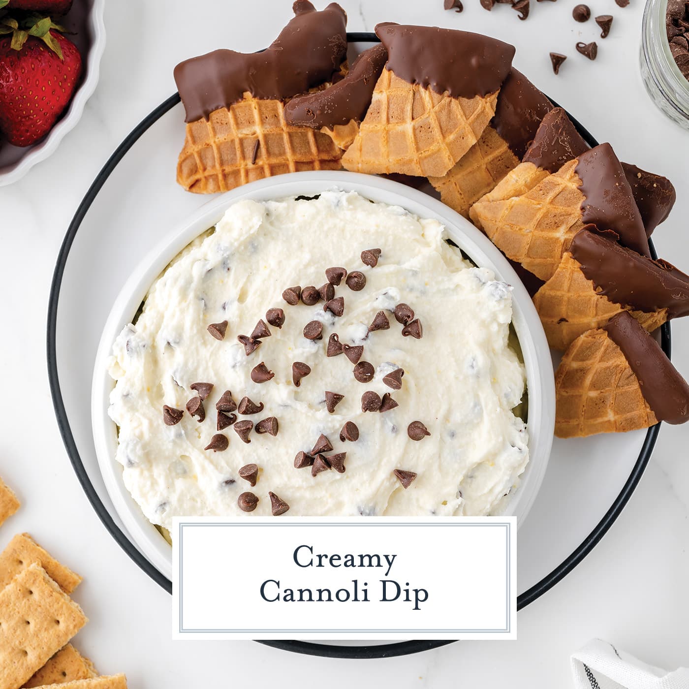 overhead shot of bowl of cannoli dip with text overlay for facebook