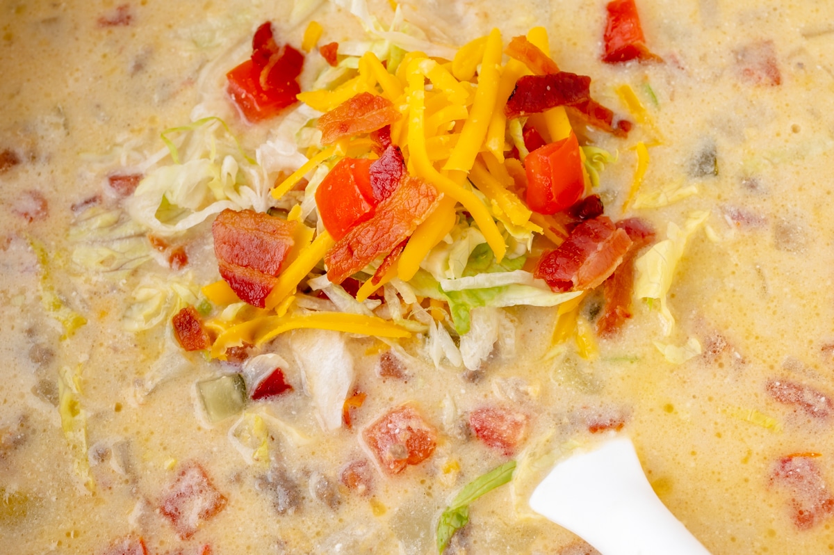 close up of toppings on cheeseburger soup