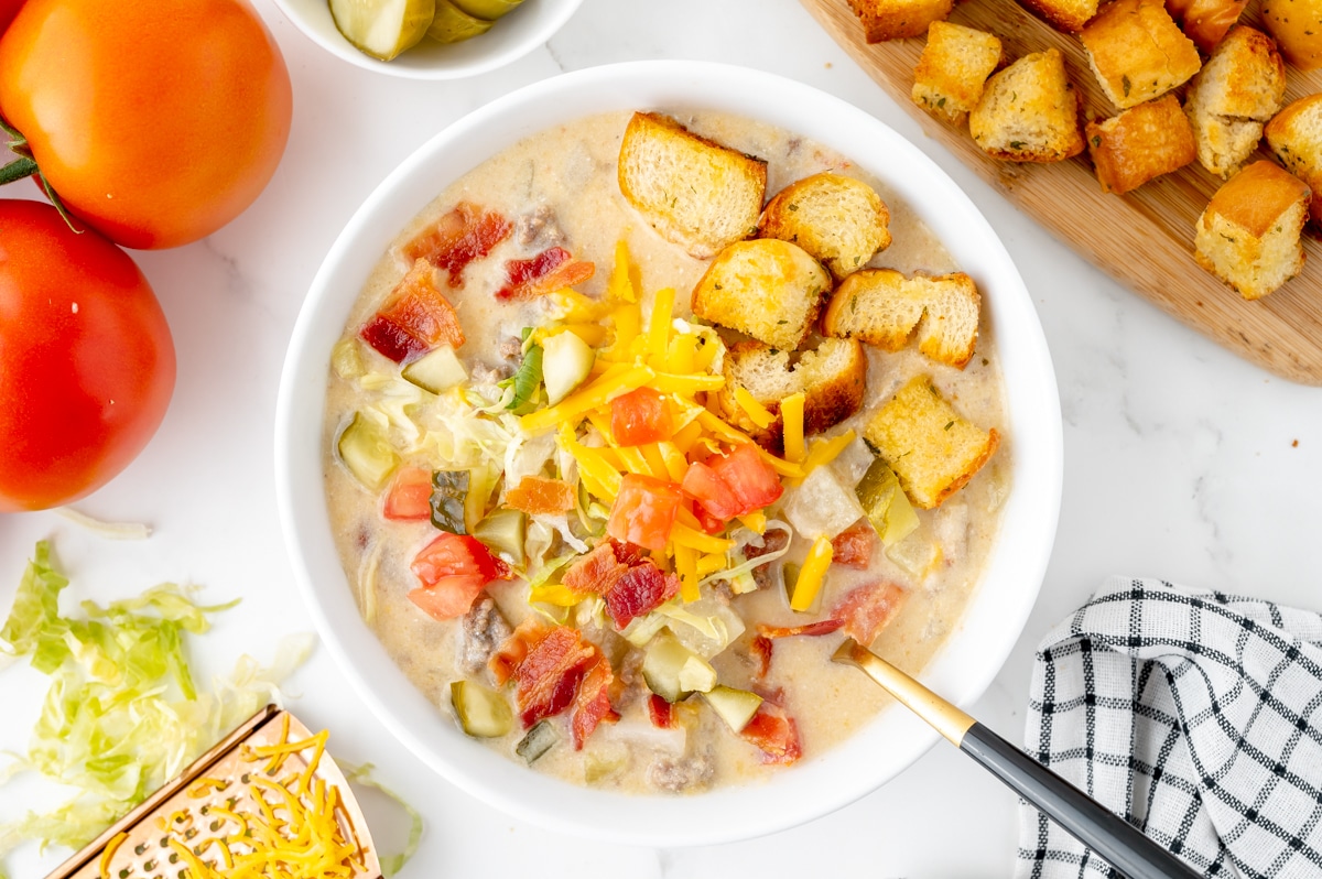 overhead shot of bowl of cheeseburger soup