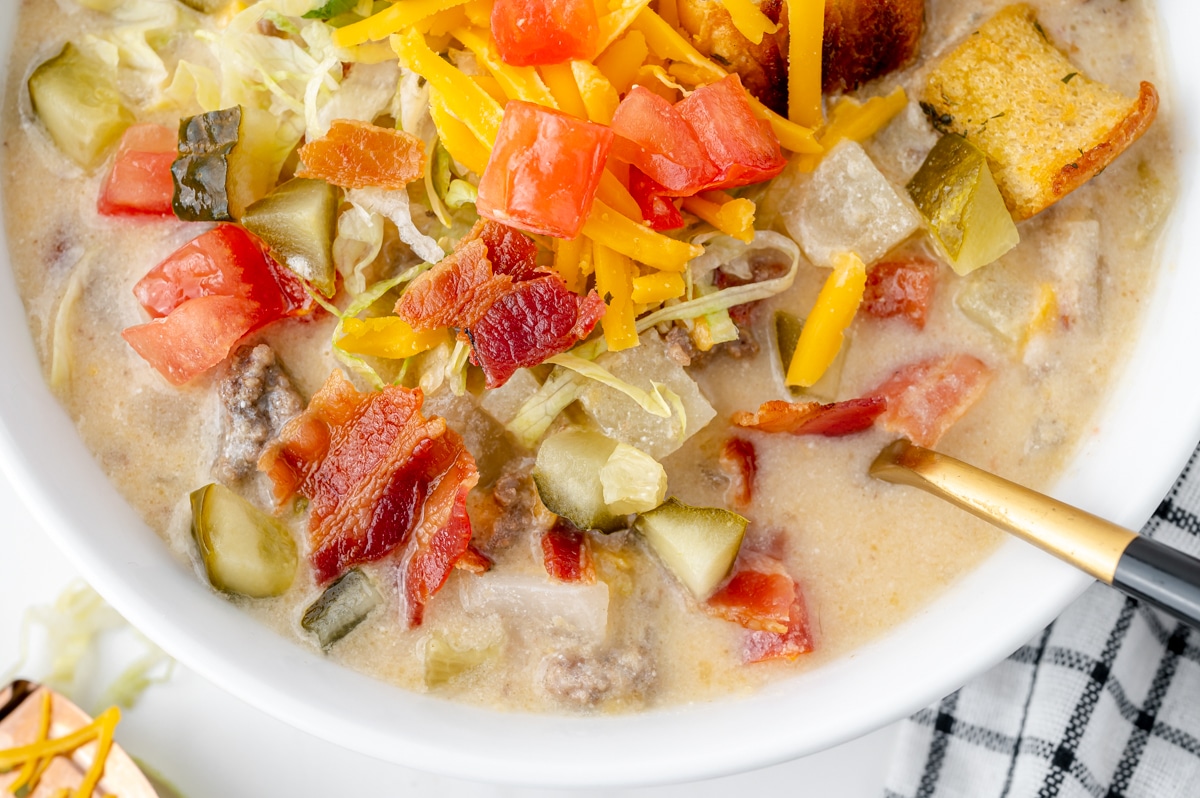 close up overhead shot of cheeseburger soup