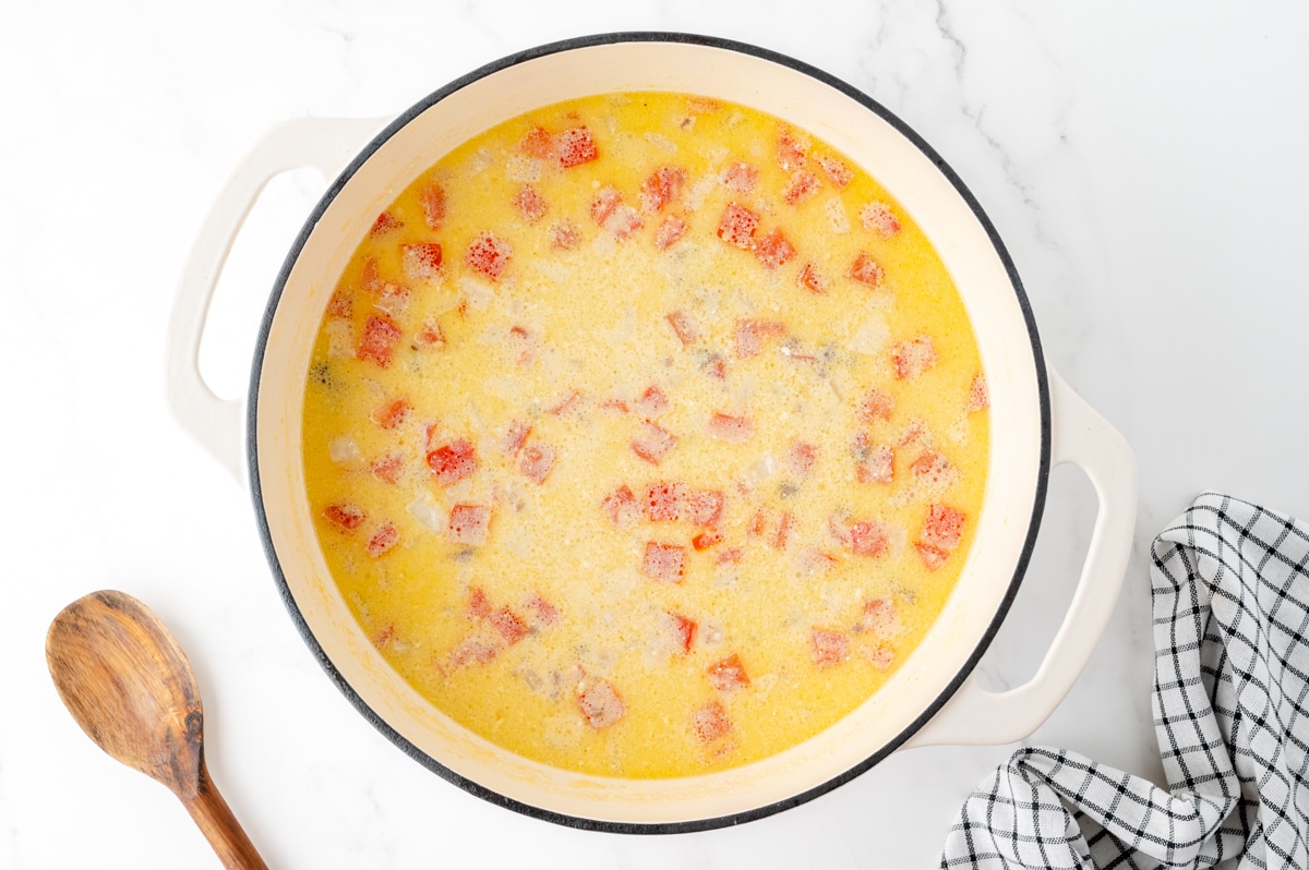 overhead shot of soup cooking in pot