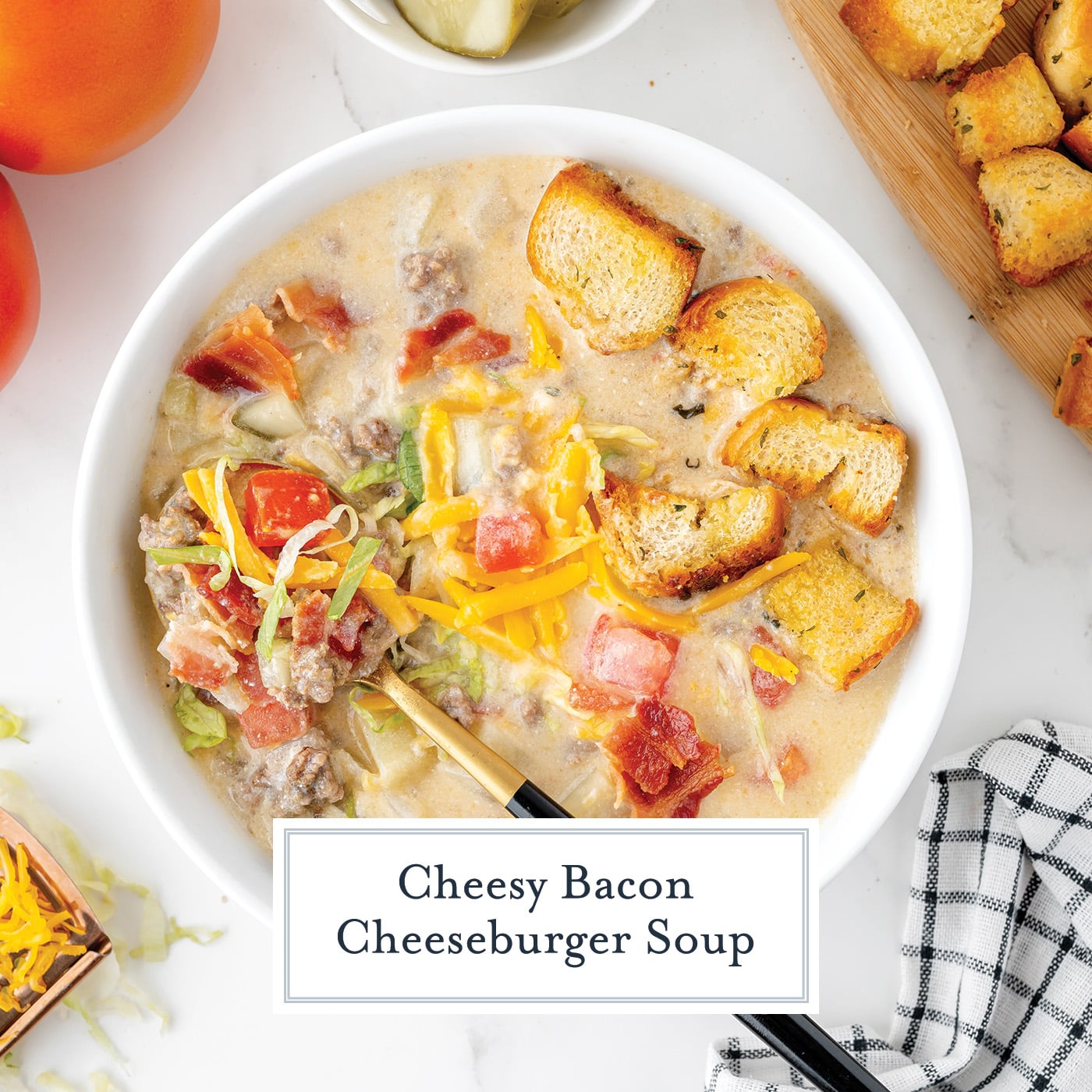 overhead shot of bowl of cheeseburger soup with text overlay for facebook