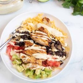 overhead shot of chicken burrito yumm bowl