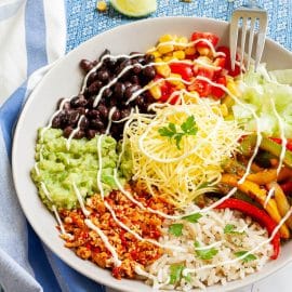 angled shot of copycat chipotle veggie rice bowl