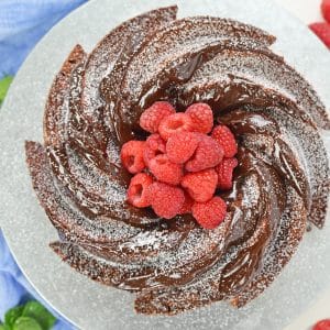 overhead of a chocolate bundt cake recipe with fresh berries