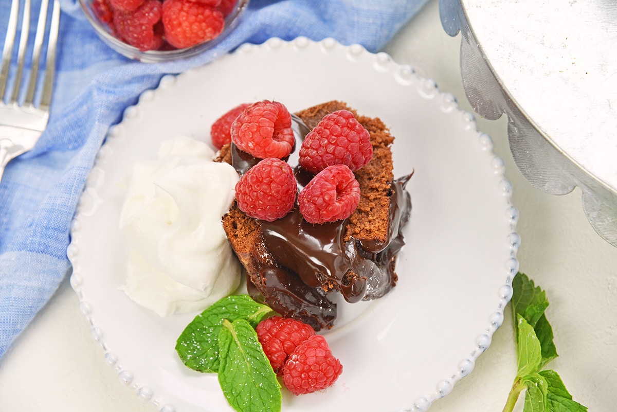 slice of chocolate cake with raspberries, chocolate sauce and whipped cream