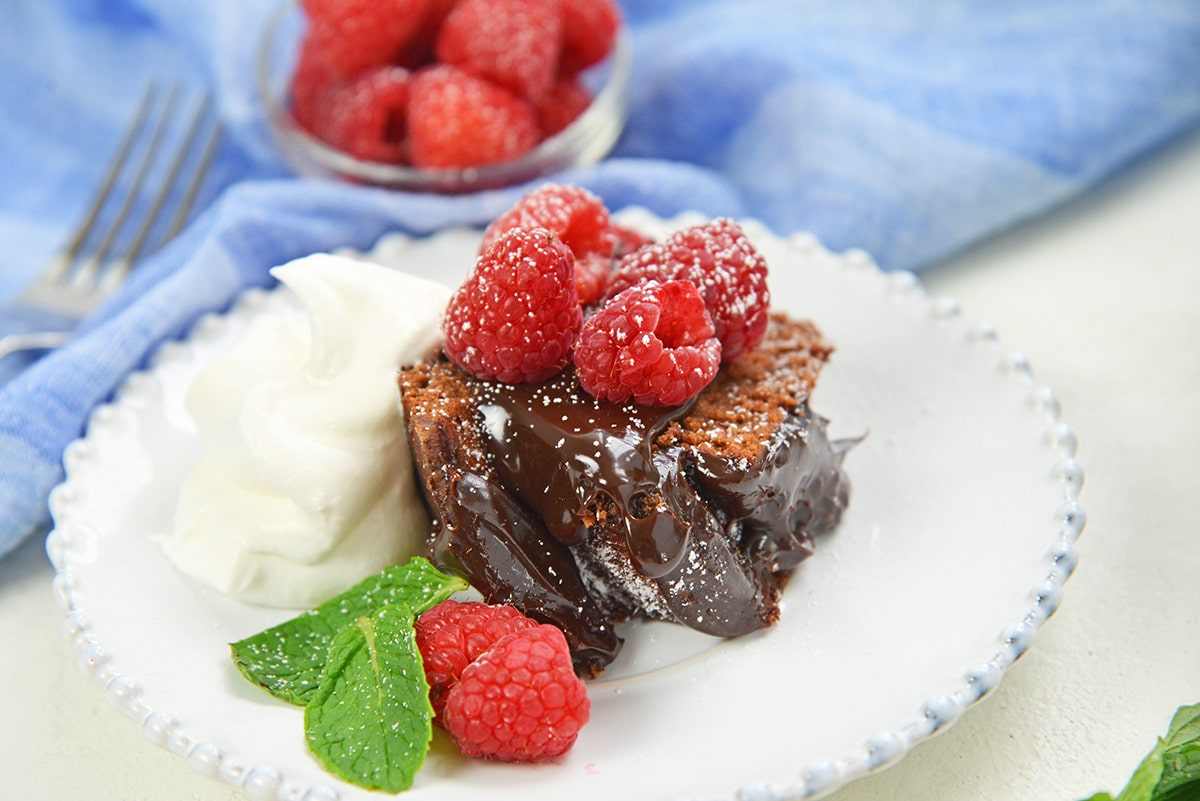 powdered slice of cake on a white serving plate