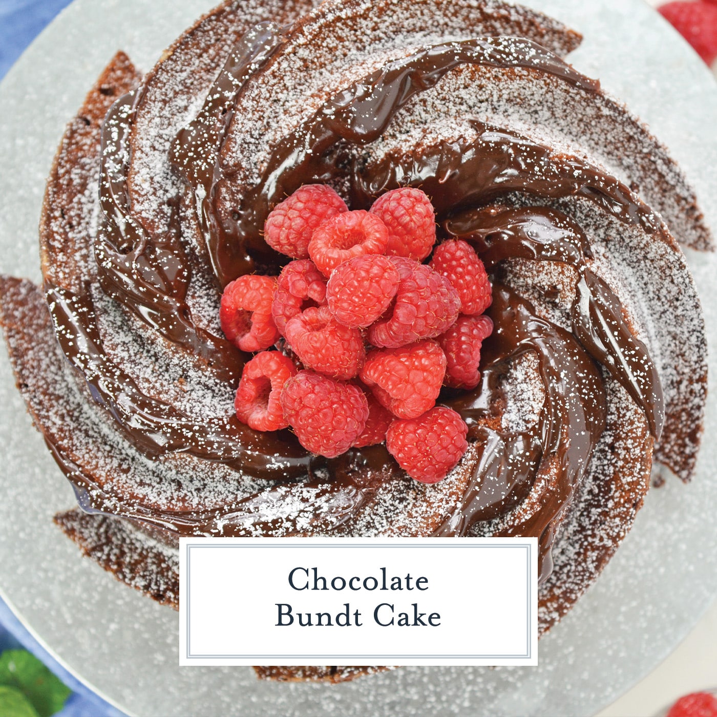 chocolate bundt cake with text overlay