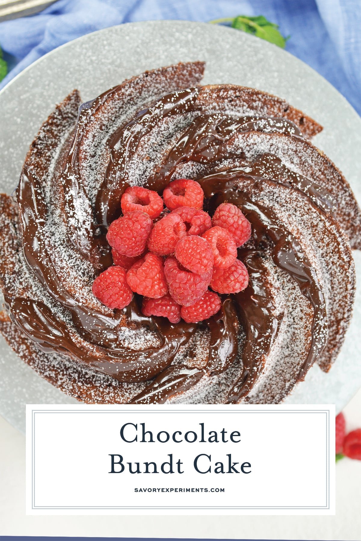 overhead close up of chocolate bundt cake