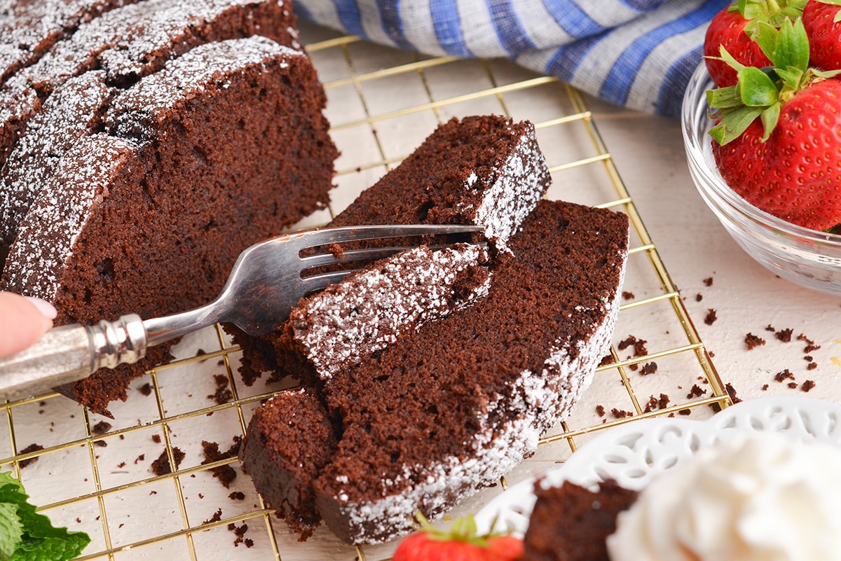 fork eating chocolate pound cake