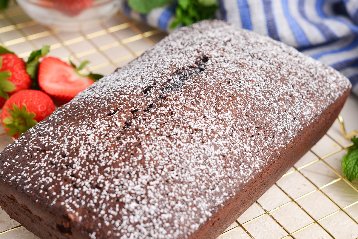 angle view of chocolate pound cake loaf