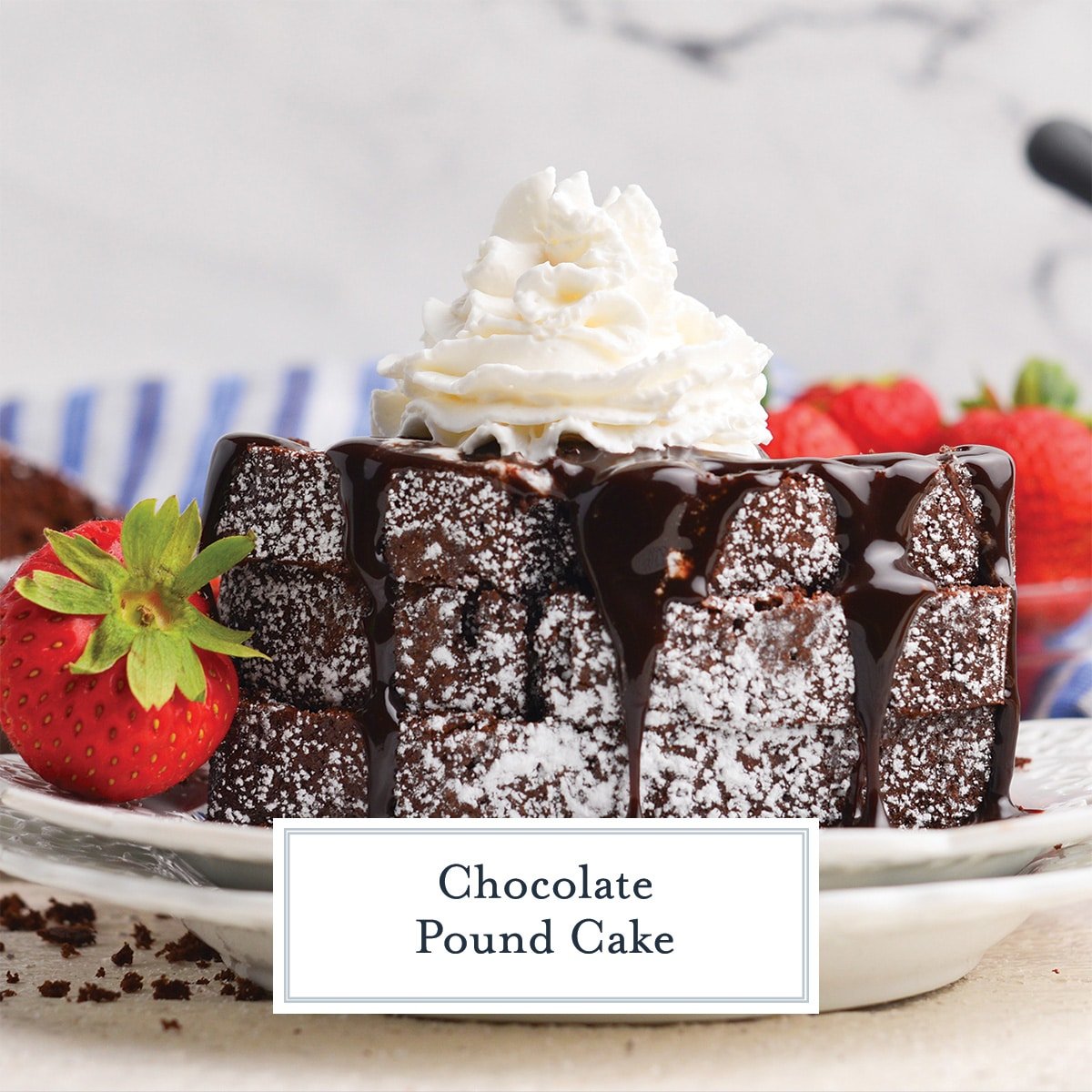 chocolate pound cake with text overlay