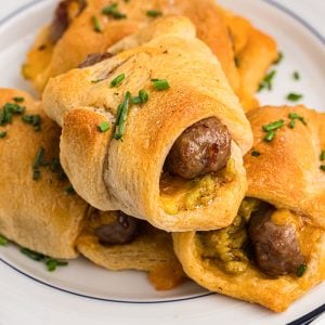 close up of a sausage link in crescent dough