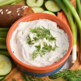 angled shot of bowl of dip