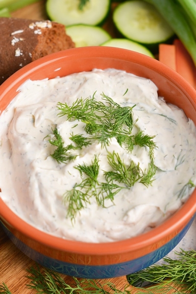 angled shot of bowl of dip