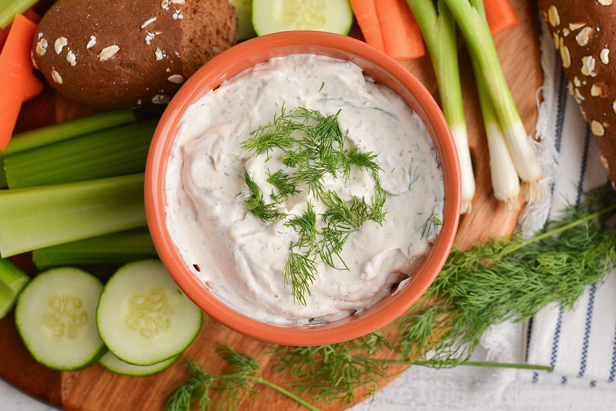 overhead shot of bowl of dill dip