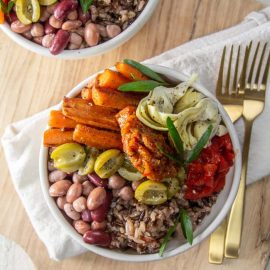 overhead shot of veggie wild rice bowl