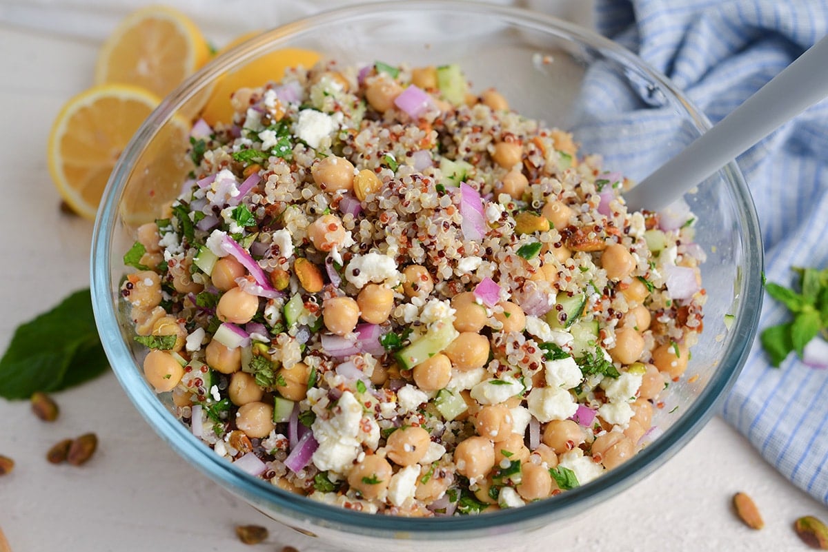 angled shot of bowl of jennifer aniston salad