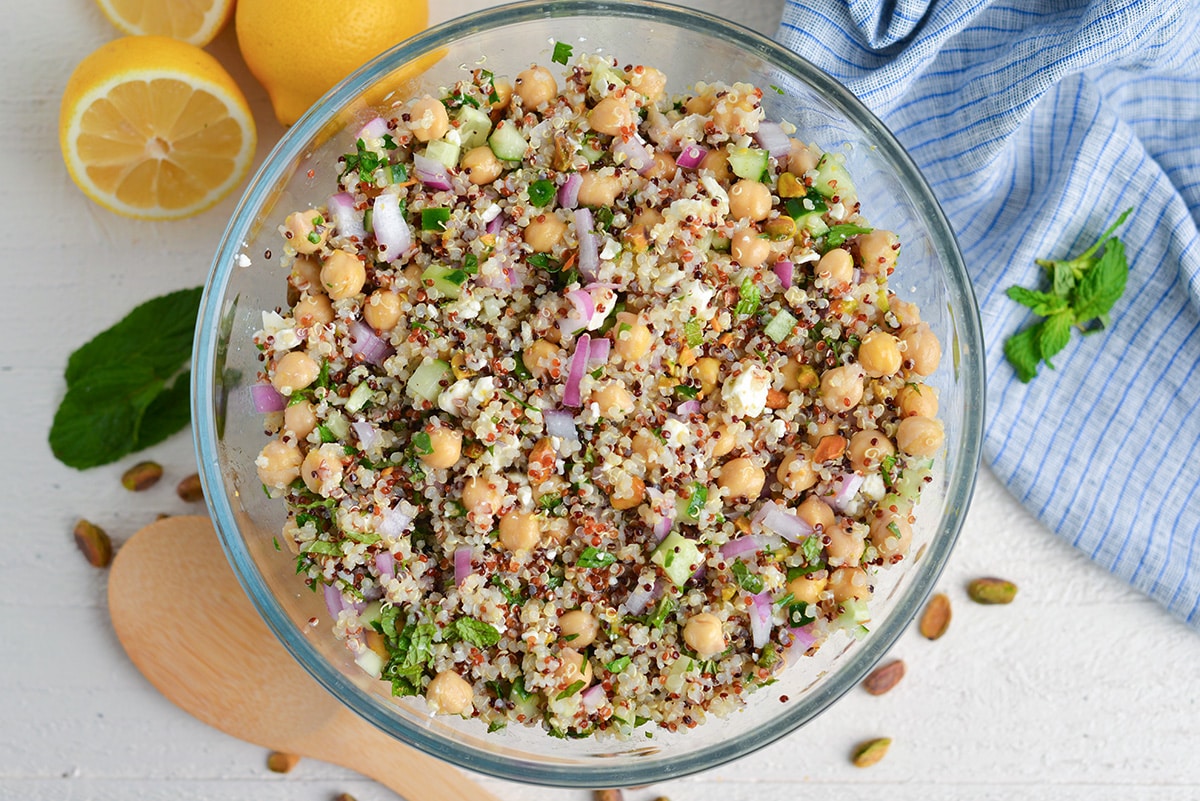 overhead shot of bowl of jennifer aniston salad