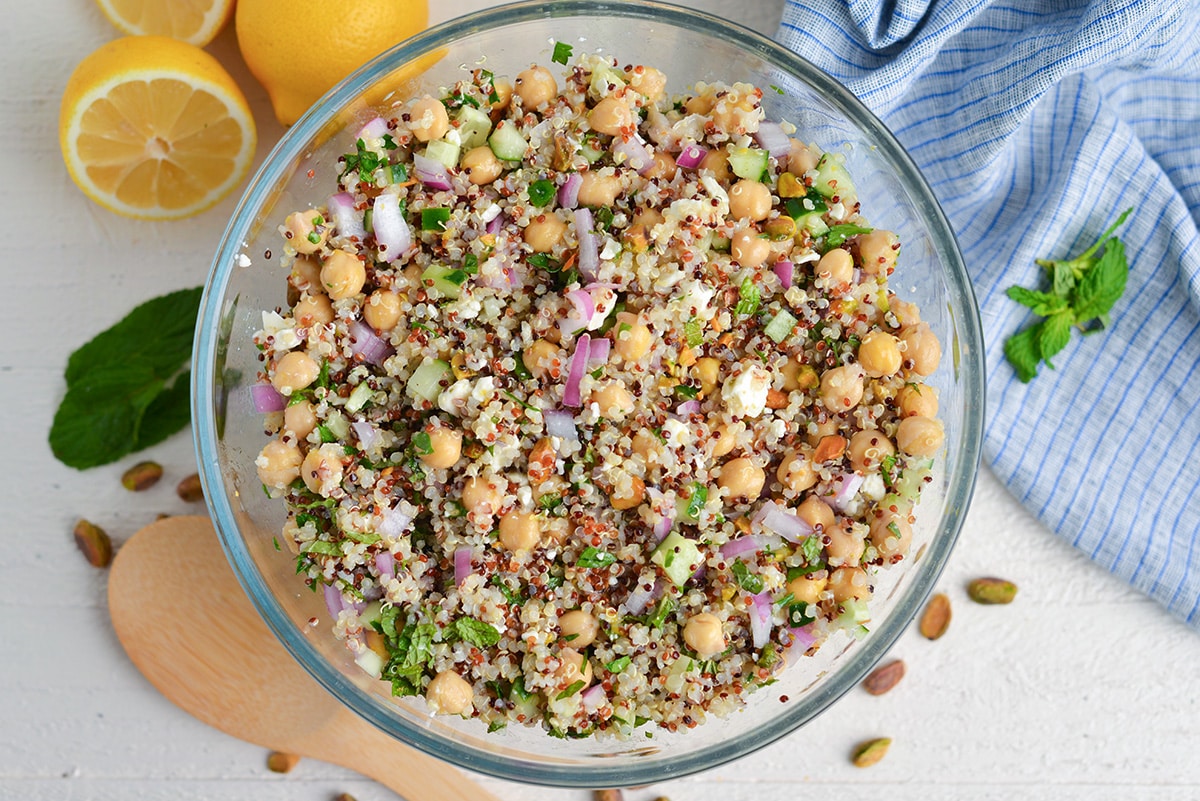 overhead shot of bowl of jennifer aniston salad