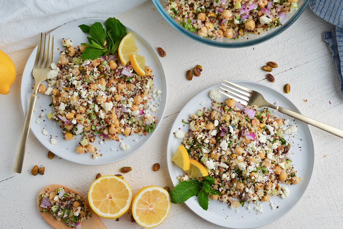 overhead shot of two plates of jennifer aniston salad