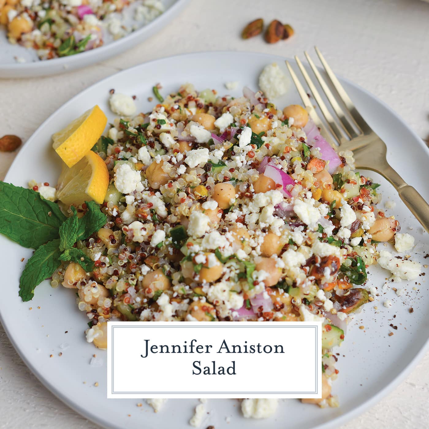 angled shot of quinoa salad on plate with text overlay for facebook