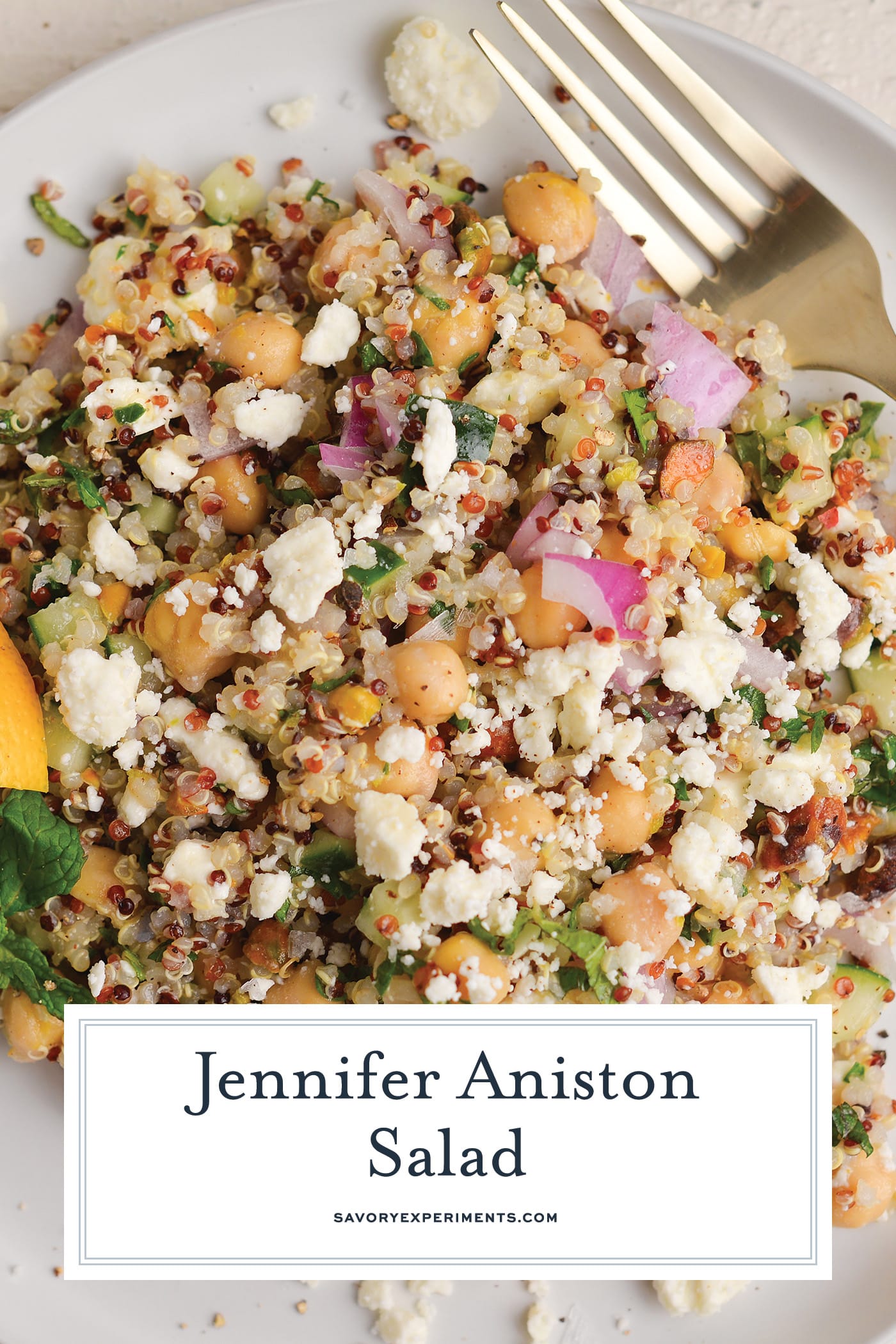 overhead shot of jennifer aniston salad with text overlay for pinterest
