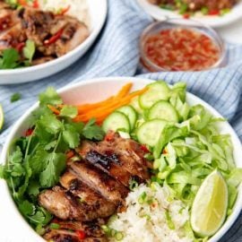 angled shot of lemongrass chicken rice bowl