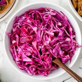 overhead shot of red cabbage in bowl
