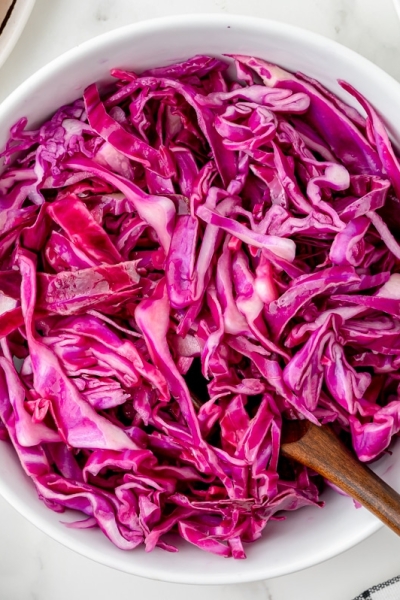 overhead shot of red cabbage in bowl