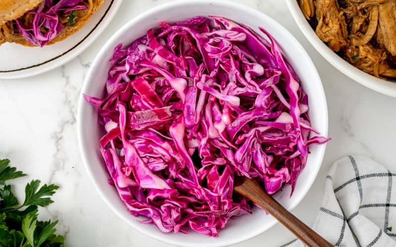 overhead shot of red cabbage in bowl