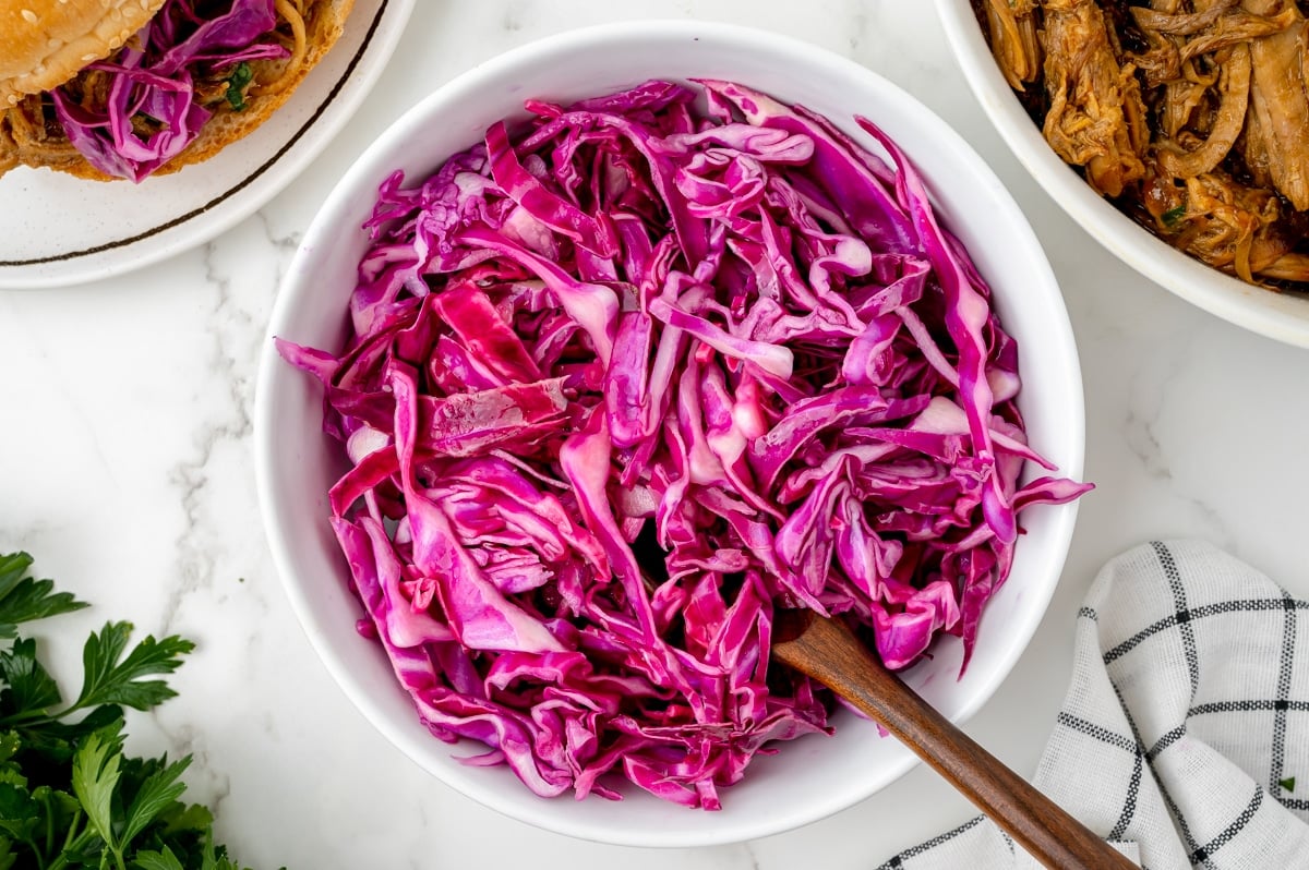 overhead shot of red cabbage in bowl