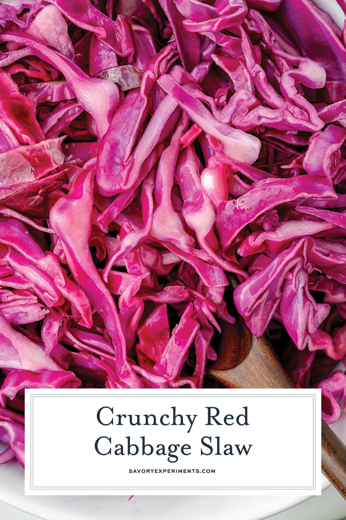 close up of red cabbage slaw with text overlay for pinterest