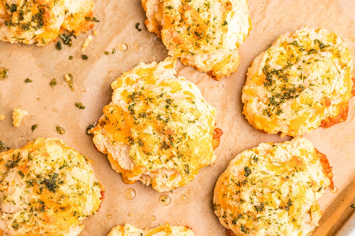 overhead shot of red lobster biscuits on baking sheet