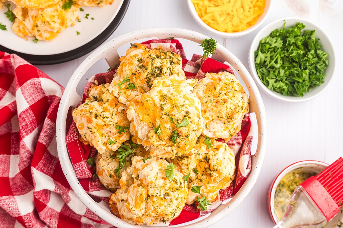 overhead shot of basket of red lobster cheddar bay biscuits