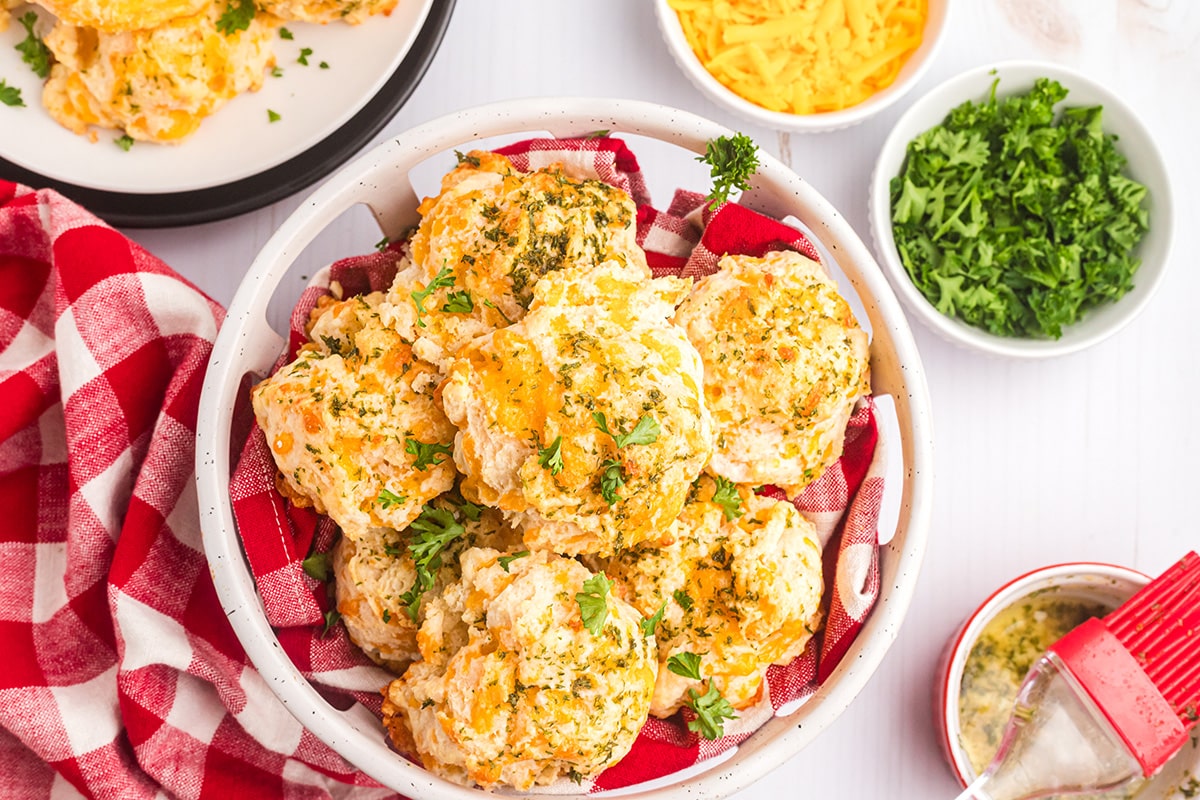 overhead shot of basket of red lobster cheddar bay biscuits